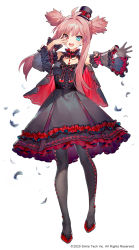 Rule 34 | 1girl, :d, ainy, antenna hair, bare shoulders, black cape, black dress, black footwear, black gloves, black hat, black pantyhose, black ribbon, blue eyes, breasts, cape, copyright request, detached sleeves, dress, feathers, frilled dress, frilled sleeves, frills, full body, gloves, grey background, grey eyes, hand over eye, hands up, hat, heterochromia, highres, lolita fashion, long hair, medium breasts, mini hat, mini top hat, open mouth, pantyhose, pink hair, red cape, red ribbon, ribbon, shoes, simple background, smile, solo, top hat, two-sided fabric, two side up, white background