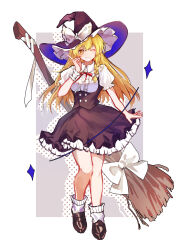 Rule 34 | 1girl, ;), absurdres, black hat, black skirt, black vest, blonde hair, border, bow, braid, broom, brown footwear, center frills, closed mouth, collared shirt, frilled shirt, frilled skirt, frills, full body, grey background, hair bow, hand up, hat, hat bow, highres, index finger raised, kirisame marisa, long hair, looking at viewer, loose socks, neck ribbon, one eye closed, outside border, polka dot, polka dot background, puffy short sleeves, puffy sleeves, red ribbon, ribbon, rivergod, shirt, shoes, short sleeves, side braid, single braid, skirt, smile, socks, solo, sparkle, touhou, vest, white border, white bow, white shirt, white socks, witch hat, yellow eyes
