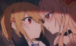 2girls black_gloves blonde_hair gloves hair_ornament hair_over_one_eye hairclip hand_on_another&#039;s_cheek hand_on_another&#039;s_face heaven_burns_red kayamori_ruka long_hair looking_at_another multiple_girls opi portrait red_eyes shirakawa_yuina shirt short_hair sidelocks yuri