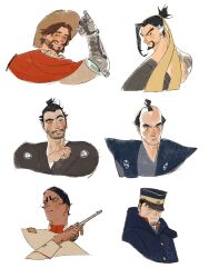 Rule 34 | 6+boys, adjusting clothes, adjusting headwear, arm up, beard, black eyes, black hair, brown eyes, brown hair, brown shirt, cassidy (overwatch), character request, chengongzi123, chonmage, closed mouth, collared shirt, commentary, copyright request, cowboy hat, cowboy western, dark-skinned male, dark skin, english commentary, facial hair, goatee stubble, golden kamuy, gun, hair ribbon, hand up, handgun, hanzo (overwatch), hat, highres, holding, holding gun, holding weapon, koito otonoshin, looking at viewer, looking back, male focus, mechanical arms, multicolored hair, multiple boys, overwatch, parted lips, portrait, ribbon, shirt, short hair, short ponytail, simple background, single mechanical arm, smile, stubble, topknot, tsukishima hajime, very short hair, weapon, white background, white hair