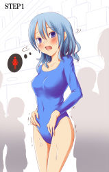 Rule 34 | 1coin, 1girl, blue eyes, blue hair, blue leotard, blush, breasts, cameltoe, character request, collarbone, crowd, english text, have to pee, leotard, long sleeves, looking to the side, medium breasts, open mouth, short hair, simple background, standing, sweat, text focus, trembling, white background