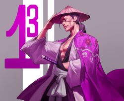 Rule 34 | 1boy, abs, absurdres, ahoge, black hair, black kimono, bleach, bleach: sennen kessen-hen, bow, chest hair, closed mouth, cowboy shot, eyepatch, facial hair, floral print, forehead, from side, grey background, hand in clothes, hand up, hands on headwear, haori, hat, hieumay, highres, japanese clothes, katana, kimono, kyouraku shunsui, lips, long hair, long sleeves, looking to the side, low ponytail, male focus, nose, nostrils, number background, pectorals, pink haori, purple theme, rice hat, sash, sheath, sheathed, simple background, solo, standing, sword, sword hilt, taichou haori, weapon, white haori, wide sleeves