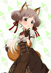 Rule 34 | 1girl, :o, ahoge, alternate hairstyle, animal ear fluff, animal ears, arm belt, belt, blush, braid, braided bun, breasts, brown belt, brown dress, brown gloves, brown hair, cleavage, commentary request, cowboy shot, detached collar, double bun, dress, extra ears, finger to own chin, fox ears, fox girl, fox tail, frilled sleeves, frills, fur-trimmed collar, fur-trimmed gloves, fur-trimmed shirt, fur trim, gloves, goma konbu, hair bun, hair ribbon, hakozaki serika, high collar, highres, holding own tail, idolmaster, idolmaster million live!, lone nape hair, looking at viewer, multicolored background, neck ribbon, open mouth, orange eyes, raised eyebrows, red ribbon, ribbon, shirt, sleeveless, sleeveless dress, sleeves past elbows, small breasts, solo, swept bangs, tail, three quarter view, triangle background, turning head, underbust, white shirt