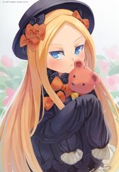 Rule 34 | 1girl, 2017, :&lt;, abigail williams (fate), artist name, black bow, black dress, black hat, blonde hair, bloomers, blue eyes, blush, bow, bug, butterfly, closed mouth, commentary, dress, fate/grand order, fate (series), flower, forehead, grey background, hair bow, hat, highres, hugging object, insect, long hair, long sleeves, looking at viewer, orange bow, parted bangs, pink flower, polka dot, polka dot bow, sleeves past fingers, sleeves past wrists, solo, stuffed animal, stuffed toy, teddy bear, tragobear, underwear, v-shaped eyebrows, very long hair, white bloomers