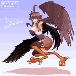 Rule 34 | 1girl, ahoge, ass, bird legs, brown feathers, brown hair, brown wings, commentary request, feathered wings, feathers, harpy, kawasumi (tk2k jade), long hair, lowres, monster girl, open mouth, original, pixel art, pointy ears, red eyes, sidelocks, solo, talons, twitter username, winged arms, wings