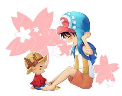 Rule 34 | cosplay, costume switch, hat, male focus, monkey d. luffy, monkey d. luffy (cosplay), one piece, red shirt, reindeer, shirt, sitting, smile, straw hat, tony tony chopper, tony tony chopper (cosplay)