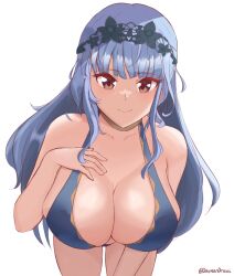 Rule 34 | 1girl, absurdres, artist name, bare shoulders, bikini, blue bikini, blue hair, blue hairband, breasts, brown eyes, cleavage, closed mouth, collarbone, daymandraws, female focus, fire emblem, fire emblem: three houses, fire emblem heroes, hairband, highres, large breasts, leaning forward, long hair, looking at viewer, marianne von edmund, marianne von edmund (summer), nintendo, official alternate costume, official alternate hairstyle, sidelocks, simple background, smile, solo, swimsuit, white background