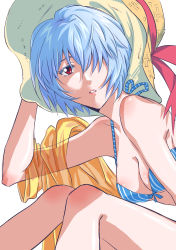 Rule 34 | 1girl, absurdres, alternate costume, ayanami rei, back, bikini, blue bikini, blue hair, body blush, bow, bow bikini, breasts, cleavage, colored eyelashes, expressionless, fcc (fengcheche), from side, hair over one eye, hand on headwear, hand up, hat, hat ribbon, highres, knees together feet apart, knees up, leaning forward, looking at viewer, neon genesis evangelion, off shoulder, parted lips, red eyes, ribbon, see-through, short hair, simple background, sitting, small breasts, solo, striped bikini, striped clothes, sun hat, swimsuit, underboob, vertical-striped bikini, vertical-striped clothes, white background
