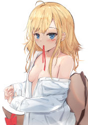 Rule 34 | 1girl, absurdres, blonde hair, blue eyes, blush, breasts, commentary, english commentary, highres, long hair, long sleeves, mouth hold, naked shirt, open clothes, open shirt, original, red ribbon, ribbon, ribbon in mouth, shirt, shuuzo3, simple background, sleeves past wrists, small breasts, solo, tail, upper body, white background, white shirt