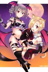 Rule 34 | 10s, 2girls, animal print, ashita (2010), bad id, bad twitter id, bat print, bat wings, blonde hair, breasts, drill hair, full moon, hair over one eye, halloween, highres, idolmaster, idolmaster cinderella girls, kanzaki ranko, long hair, looking at viewer, moon, multiple girls, open mouth, red eyes, shirasaka koume, short hair, silver hair, sleeves past wrists, small breasts, smile, thighhighs, twin drills, twintails, wings