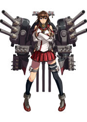 Rule 34 | 10s, 1girl, ammunition, ankle boots, black thighhighs, blush, boots, breasts, brown eyes, brown hair, cannon, cherry blossoms, crossed arms, detached sleeves, flower, gunbuster pose, hair flower, hair ornament, highres, kantai collection, large breasts, long hair, natumiao, personification, ponytail, serious, single thighhigh, skirt, solo, thighhighs, turret, very long hair, yamato (kancolle)