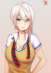 Rule 34 | 10s, 1girl, absurdres, breasts, cardigan, cleavage, hair between eyes, highres, large breasts, light purple hair, looking at viewer, nakiri alice, necktie, norman maggot, open clothes, open shirt, red eyes, shokugeki no souma, short hair, short sleeves, silver hair, simple background, smile, solo, tootsuki saryou ryouri gakuen uniform, undone necktie, upper body