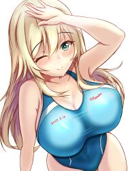 Rule 34 | 1girl, atago (kancolle), blonde hair, blue one-piece swimsuit, blush, breasts, collarbone, competition swimsuit, cowboy shot, dated, green eyes, highres, kantai collection, large breasts, long hair, looking at viewer, montemasa, one-piece swimsuit, one eye closed, simple background, solo, swimsuit, twitter username, white background