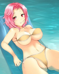 Rule 34 | 1girl, bikini, breasts, cleavage, ginji74, large breasts, long hair, lying, navel, on back, original, partially submerged, pink eyes, pink hair, solo, swimsuit, water, wink