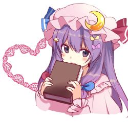 Rule 34 | 1girl, blue bow, blue ribbon, blush, book, bow, commentary, crescent, crescent hair ornament, dress, frilled dress, frilled sleeves, frills, fujishiro emyu, hair ornament, hair ribbon, hat, hat ribbon, heart, long hair, looking at viewer, mob cap, open mouth, patchouli knowledge, pink hat, purple eyes, purple hair, red bow, red ribbon, ribbon, star (symbol), star hair ornament, touhou, white background