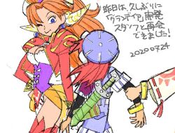Rule 34 | 1boy, 2girls, breasts, closed mouth, commentary, earrings, feena (grandia), grandia, grandia i, grandia ii, hat, hontani toshiaki, in-franchise crossover, jewelry, justin (grandia), long hair, medium breasts, millenia (grandia), multiple girls, one eye closed, red hair, simple background, smile, sword, thighhighs, weapon, weapon on back, white background, wide sleeves