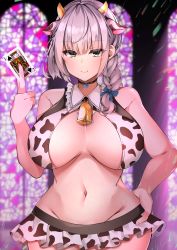 Rule 34 | 1girl, absurdres, animal ears, animal print, bare shoulders, bell, black choker, blunt bangs, blush, braid, breasts, card, choker, closed mouth, cow ears, cow girl, cow horns, cow print, cowbell, detached sleeves, green eyes, groin, hand on own hip, heart, heart choker, highres, holding, holding card, hololive, horns, large breasts, looking at viewer, navel, neck bell, playing card, ryochan (papipopi), shirogane noel, shirogane noel (casual), short hair, silver hair, smile, solo, underboob, virtual youtuber, wide hips