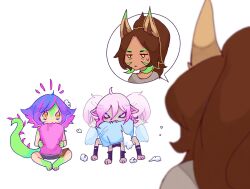 Rule 34 | 3girls, animal ears, blue eyes, briar (league of legends), brown hair, chameleon girl, chameleon tail, closed mouth, hair between eyes, highres, knol (flowrmosh), league of legends, leaning forward, lion ears, lion girl, multicolored hair, multiple girls, neeko (league of legends), nidalee, parted bangs, pillow, pink hair, sharp teeth, short hair, sidelocks, simple background, sitting, sweatdrop, tail, teeth, two-tone hair, vampire, white background, yellow eyes