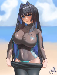 Rule 34 | 1girl, absurdres, alternate costume, beach, black hair, blue eyes, blue hair, blue sky, blurry, blurry background, bodysuit, breasts, closed mouth, cloud, colored inner hair, commentary, covered navel, dated, diving suit, english commentary, hair intakes, highres, hololive, hololive english, large breasts, long hair, looking at viewer, maskiy, multicolored hair, no halo, ocean, official alternate hair length, official alternate hairstyle, ouro kronii, outdoors, signature, sky, smile, solo, very long hair, virtual youtuber, wetsuit