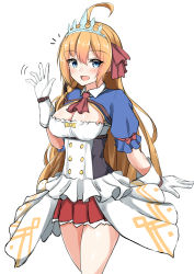Rule 34 | 1girl, :d, absurdres, ahoge, ascot, blue eyes, blush, breasts, brown hair, cleavage, gloves, hair between eyes, hair ribbon, hand up, highres, long hair, looking at viewer, medium breasts, moyoron, open mouth, pecorine (princess connect!), pleated skirt, princess connect!, puffy short sleeves, puffy sleeves, red ascot, red ribbon, red skirt, ribbon, short sleeves, shrug (clothing), simple background, skirt, smile, solo, tiara, very long hair, waving, white background, white gloves