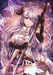 Rule 34 | 1girl, asymmetrical gloves, black gloves, black thighhighs, blue eyes, braid, breasts, bug, butterfly, chalollita, cowboy shot, draph, elbow gloves, gloves, granblue fantasy, hair ornament, hair over one eye, holding, holding sword, holding weapon, horns, insect, katana, large breasts, light purple hair, long hair, looking at viewer, narmaya (granblue fantasy), parted lips, pointy ears, single braid, single thighhigh, solo, sword, thigh strap, thighhighs, uneven gloves, very long hair, weapon