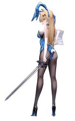 Rule 34 | 1girl, absurdres, animal ears, black footwear, black pantyhose, blonde hair, blue leotard, braid, breasts, cat ears, commentary, english commentary, fake animal ears, fake tail, from behind, full body, high heels, highres, holding, holding sword, holding weapon, leotard, long hair, looking at viewer, looking back, matsuura kagami, mirror (matsuura kagami), orange eyes, original, pantyhose, plaid, plaid skirt, rabbit ears, rabbit tail, shoes, sideboob, sideways glance, simple background, skirt, solo, standing, sword, tail, weapon, white background
