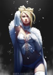 Rule 34 | 10s, 1girl, arm up, armpits, blonde hair, blue eyes, breasts, cleavage, emma frost, karl liversidge, long hair, looking at viewer, marvel, midriff, navel, solo, thighhighs, underwear, web address, x-men