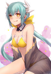 Rule 34 | 1girl, :p, bad id, bad pixiv id, bikini, blue hair, breasts, cleavage, fate/grand order, fate (series), heart, heart-shaped pupils, highres, horns, kiyohime (fate), kiyohime (fate/grand order), kiyohime (swimsuit lancer) (fate), kiyohime (swimsuit lancer) (first ascension) (fate), long hair, looking at viewer, sitting, smile, solo, swimsuit, symbol-shaped pupils, tongue, tongue out, yellow bikini, yellow eyes, yukihama