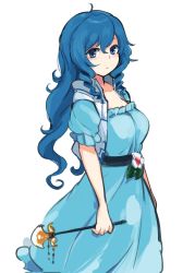 Rule 34 | 1girl, alternate hairstyle, blue dress, blue eyes, blue hair, chisel, closed mouth, dress, drill hair, drill sidelocks, flower, hair down, highres, holding, itatatata, kaku seiga, long hair, looking at viewer, short sleeves, sidelocks, simple background, solo, standing, touhou, vest, white background, white vest