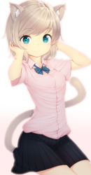 Rule 34 | 1girl, animal ears, blue eyes, cat ears, cat tail, looking at viewer, original, short hair, short sleeves, silver hair, skirt, smile, solo, tail, zizi (zz22)