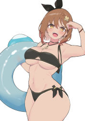 Rule 34 | 1girl, :d, absurdres, atelier (series), atelier ryza, atelier ryza 2, bikini, black bikini, blush, braid, breasts, brown hair, hair between eyes, hair ornament, highres, holding, holding swim ring, innertube, jewelry, key, key necklace, large breasts, looking at viewer, navel, necklace, open mouth, reisalin stout, short hair, simple background, smile, solo, swim ring, swimsuit, tan, teeth, thick thighs, thighs, upper teeth only, wet, white background, yabai gorilla, yellow eyes