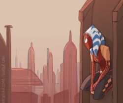 Rule 34 | 1girl, ahsoka tano, alien, bare shoulders, belt, ben-day dots, character sheet, city, cityscape, clothing cutout, colored skin, commentary, crossover, elbow gloves, english commentary, english text, fingerless gloves, fusion, gloves, grandkhan221b, landscape, leg cutout, lekku (anatomy), marvel, mask, orange skin, portrait, science fiction, screentones, sketch background, skyline, solo, spider-man, spider-man (series), spider-verse, spider web print, spidersona, star wars, superhero costume, tumblr username