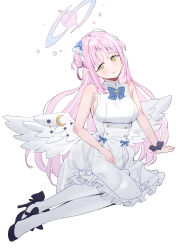 Rule 34 | 1girl, bare arms, bare shoulders, black footwear, black scrunchie, blue archive, breasts, closed mouth, commentary request, crescent, dress, feathered wings, frilled dress, frills, full body, hair bun, halo, head tilt, highres, long hair, low wings, medium breasts, mika (blue archive), pantyhose, pink hair, scrunchie, shoes, sideboob, simple background, single side bun, sleeveless, sleeveless dress, smile, solo, subachi, very long hair, white background, white dress, white pantyhose, white wings, wings, wrist scrunchie, yellow eyes