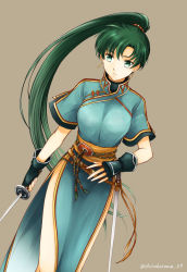 Rule 34 | 1girl, artist name, asymmetrical bangs, black gloves, blue dress, breasts, brown background, commentary request, dress, dutch angle, earrings, eyelashes, feet out of frame, fingerless gloves, fire emblem, fire emblem: the blazing blade, gloves, green eyes, green hair, high ponytail, highleg, holding, holding sword, holding weapon, jewelry, katana, long hair, lyn (fire emblem), medium breasts, nintendo, orange sash, parted lips, pelvic curtain, ponytail, sheath, shirokuroma 29, short sleeves, side slit, solo, sword, twitter username, very long hair, weapon