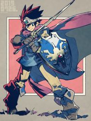 Rule 34 | 1boy, black hair, brown eyes, brown hair, cape, circlet, dragon quest, dragon quest iii, elbow gloves, gloves, hat, helmet, looking at viewer, male focus, mitre, roto (dq3), sasaki tomomi, shield, short hair, simple background, smile, solo, sword, weapon, winged helmet