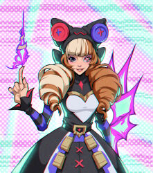Rule 34 | 1girl, animal ears, black dress, black eyes, black headwear, blonde hair, brown hair, buttons, cat ears, dress, drill hair, fake animal ears, gwen (league of legends), hand up, heterochromia, highres, index finger raised, league of legends, long sleeves, misfortuneee, multicolored background, pink lips, red eyes, smile, solo, soul fighter gwen, teeth, twin drills, twintails, white dress