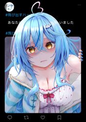 Rule 34 | 1girl, :d, ahoge, blue hair, blue jacket, blue nails, blush, breasts, camisole, character hair ornament, cleavage, colored tips, crossed bangs, daifuku (yukihana lamy), double-parted bangs, empire waist, empty eyes, fourth wall, frilled camisole, frilled skirt, frills, fur-trimmed jacket, fur trim, hair between eyes, hair ornament, hairclip, hand up, heart, heart ahoge, highres, hololive, indoors, jacket, kuuneru514, large breasts, leaning forward, long hair, looking at viewer, messy hair, multicolored hair, nail polish, official alternate costume, open mouth, outstretched hand, pajamas, partially unzipped, pointy ears, polka dot camisole, skirt, sleepwear, sleeves past fingers, sleeves past wrists, smile, solo, streaked hair, striped clothes, striped jacket, translation request, tweet, twitter, twitter username, upper body, very long hair, virtual youtuber, waving, white camisole, white skirt, yandere, yellow eyes, yukihana lamy, yukihana lamy (loungewear), yukimin (yukihana lamy)