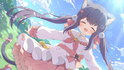 Rule 34 | 1girl, :d, animal ear fluff, animal ears, black hair, blue sky, blush, bow, bush, cat ears, cat girl, cat tail, closed eyes, cloud, commission, cowboy shot, day, dot nose, dress, dutch angle, facing viewer, field, frilled dress, frilled skirt, frills, grass, hair between eyes, hair ornament, highres, layered clothes, lens flare, long bangs, long sleeves, nature, neckerchief, open mouth, original, outdoors, pink bow, pleated dress, pom pom (clothes), pom pom hair ornament, raised eyebrows, red neckerchief, red skirt, sailor collar, sailor dress, sidelocks, skeb commission, skirt, sky, smile, solo, straight-on, sun, tail, tail bow, tail ornament, twintails, tyakomes, white dress, white sailor collar