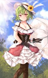 Rule 34 | 1girl, absurdres, alternate costume, bare shoulders, black gloves, black pantyhose, blue sky, breasts, cleavage, day, flower, gloves, green hair, hair flower, hair ornament, highres, kazami yuuka, looking at viewer, orchid (orukido), pantyhose, red eyes, sky, smile, solo, sunflower, touhou, umbrella