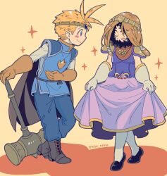 Rule 34 | 2boys, armor, black footwear, blonde hair, blue eyes, blue pants, blue shirt, blush, boots, butters stotch, closed eyes, closed mouth, crossdressing, dress, full body, gloves, hammer, holding, holding hammer, kenny mccormick, male focus, mina shon, multiple boys, pants, pink dress, profile, shirt, shoes, short hair, shoulder armor, smile, south park, standing, white gloves, yellow gloves