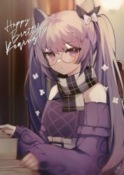 Rule 34 | 1girl, bare shoulders, braid, casual, cone hair bun, expressionless, genshin impact, glasses, hair bun, happy birthday, highres, keqing (genshin impact), keqing (lantern rite) (genshin impact), long hair, long sleeves, looking at viewer, off-shoulder sweater, off shoulder, puffy sleeves, purple eyes, purple hair, purple sweater, rimless eyewear, round eyewear, scarf, solo, sweater, twintails, upper body, xoaiu
