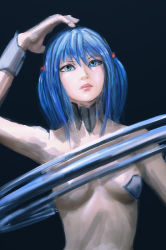 Rule 34 | 1girl, 2ch.ru, arsenixc, black background, blue eyes, blue hair, cropped, face, large hadron collider, lhc-tan, matching hair/eyes, nude, ru-chans, simple background, solo