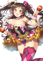 Rule 34 | 1girl, areola slip, argyle, argyle clothes, argyle legwear, bare shoulders, blush, bouncing breasts, bow, breasts, brown hair, choker, cleavage, dress, drill hair, frilled dress, frilled skirt, frills, green eyes, hair ornament, hat, highleg, idolmaster, idolmaster cinderella girls, idolmaster cinderella girls starlight stage, instrument, kara (color), large breasts, long hair, looking at viewer, maracas, no bra, nonomura sora, open mouth, ribbon, simple background, skirt, smile, solo, thighhighs, twin drills, twintails, very long hair, white background
