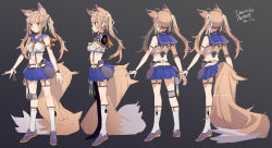 Rule 34 | 1girl, animal ear fluff, animal ears, bare shoulders, blue sailor collar, blue skirt, blush, brown eyes, brown footwear, brown hair, closed mouth, commentary request, facing away, fox ears, fox girl, fox tail, grey background, highres, large tail, loafers, looking away, midriff, multiple views, navel, original, pleated skirt, profile, ribbed legwear, sailor collar, shirt, shoes, skirt, sleeveless, sleeveless shirt, standing, tail, tajima ryuushi, thighhighs, turnaround, twintails, white shirt, white thighhighs
