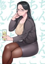 Rule 34 | 1girl, beige shirt, black hair, black pantyhose, black skirt, blazer, bra visible through clothes, breasts, closed mouth, commentary request, crossed legs, cup, drinking glass, earrings, glasses, hand on own cheek, hand on own face, jacket, jewelry, large breasts, long hair, looking to the side, mature female, miniskirt, neone, office lady, open clothes, open jacket, original, pantyhose, pink lips, pinstripe pattern, semi-rimless eyewear, sitting, skirt, striped