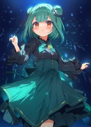 Rule 34 | 1girl, alternate costume, aqua nails, black shirt, blurry, blurry background, blush, bow, bowtie, breasts, closed mouth, commentary, cowboy shot, double bun, frilled sleeves, frills, gradient hair, green bow, green bowtie, green hair, green skirt, hair bun, hair ornament, hana mori, high-waist skirt, highres, hololive, long sleeves, looking at viewer, multicolored hair, nail polish, red eyes, shirt, short hair, skirt, skull hair ornament, small breasts, smile, solo, two-tone hair, uruha rushia, virtual youtuber