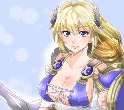 Rule 34 | 1041 (toshikazu), 1girl, armor, blonde hair, blue eyes, blush, braid, breasts, cleavage, closed mouth, collarbone, commentary request, cross-laced clothes, dress, hair ornament, large breasts, long hair, no bra, pauldrons, shield, shoulder armor, smile, solo, sophitia alexandra, soul calibur, sword, weapon