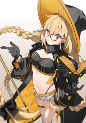 Rule 34 | 1girl, aesc (fate), aesc (rain witch) (fate), ahoge, belt, black bow, black gloves, black jacket, blonde hair, blue eyes, blurry, book, boots, bow, braid, breasts, cape, cleavage, depth of field, fate/grand order, fate (series), glasses, gloves, hair bow, hat, highres, holding, holding book, jacket, long hair, looking at viewer, low twin braids, medium breasts, navel, red-framed eyewear, romo827, short shorts, shorts, sidelocks, smile, solo, thigh boots, thigh strap, twin braids, twitter username, white shorts, wide brim