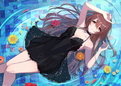 Rule 34 | 1girl, arm up, armpits, bare legs, black choker, black dress, breasts, brown hair, choker, cleavage, collarbone, dress, feet out of frame, hair spread out, highres, idolmaster, idolmaster shiny colors, lace, lace-trimmed dress, lace trim, long hair, looking at viewer, lying, lying on water, medium breasts, on back, osaki tenka, partially submerged, sikimosh, solo, straight hair, tile floor, tiles, very long hair