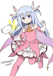 Rule 34 | 1girl, :o, ascot, bare shoulders, blue eyes, blue hair, boots, cape, cosplay, dated, fate/kaleid liner prisma illya, fate (series), feather hair ornament, feathers, gloves, gochuumon wa usagi desu ka?, hair between eyes, hair ornament, highres, kafuu chino, light blue hair, long hair, looking at viewer, magical girl, pink footwear, prisma illya, prisma illya (cosplay), simple background, sleepyowl (jobkung15), solo, thigh boots, thighhighs, tippy (gochiusa), twitter username, two side up, wand, white background, white gloves, x hair ornament, yellow ascot